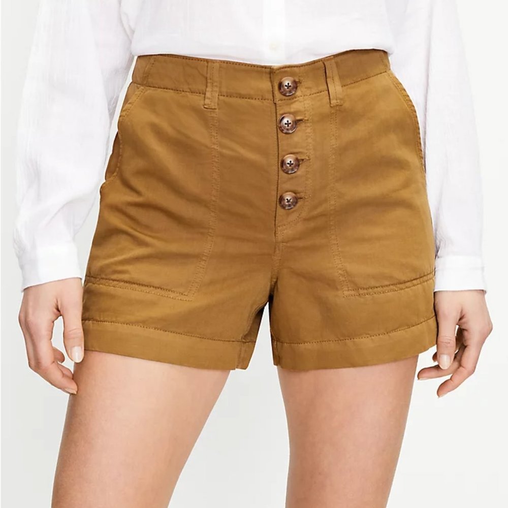 NEW Loft Size 4 Green Tan Button Front Linen Utility Shorts